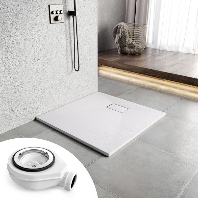 Receveur de douche antidérapant 90x90 cm en smc, design effet pierre, blanc, avec bonde - Heilmetz