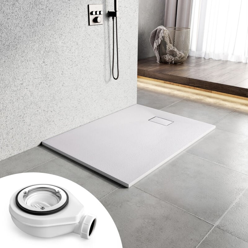 Receveur de douche antidérapant 120x90 cm en smc, design effet pierre, blanc, avec bonde - Heilmetz