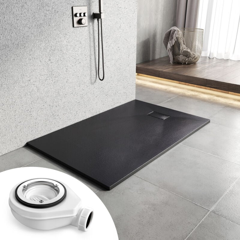 Receveur de douche antidérapant 140x90 cm en smc, design effet pierre, Noir, avec bonde - Heilmetz
