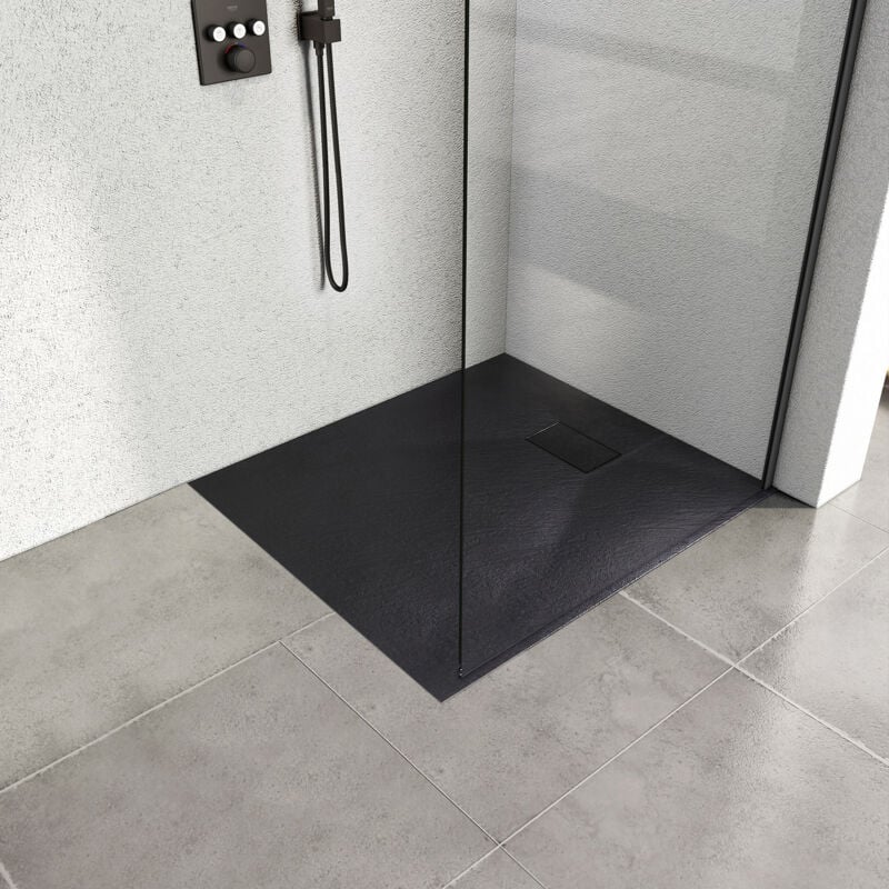 Receveur de douche à poser 90x90cm Receveur de Douche en Pierre Extra Plat (smc Matériau) Bac à Douche Antidérapant Noir - Heilmetz
