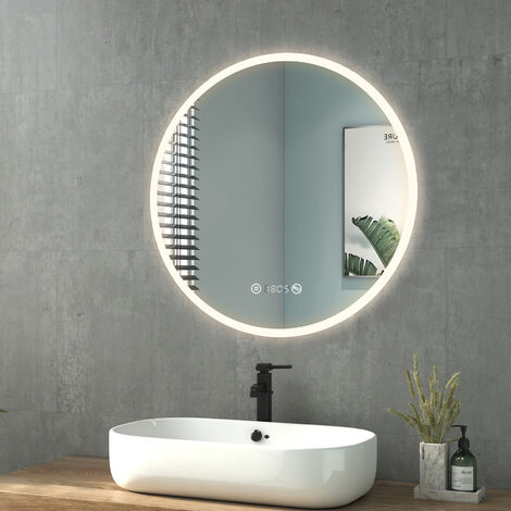 Heilmetz Espejo De Baño Con Iluminación Espejo De Baño Redondo 70cm Diametro LED Espejo De Pared Acrilico Con Interruptor Tactil Sin Empañamiento Y Reloj