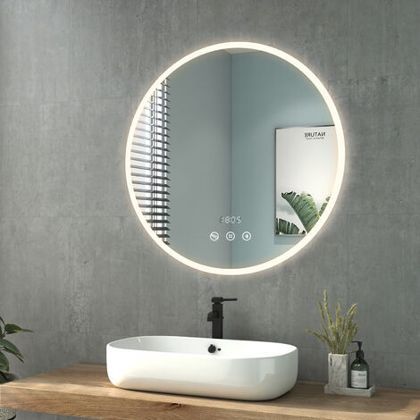 Heilmetz Espejo De Baño Con Iluminación Espejo De Baño Redondo 80cm Diametro LED Espejo De Pared Acrilico Con Interruptor Tactil Sin Empañamiento Y Reloj Y Bluetooth