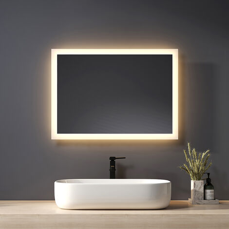 Heilmetz Espejo de baño con luz 70 x 50 cm, espejo de baño con iluminación blanca cálida 3000K, espejo de pared IP44, bajo consumo