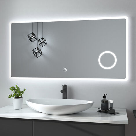 Heilmetz Espejo de baño con luz LED y lupa 3X, 120 x 60 cm, con interruptor táctil, luz blanca fría