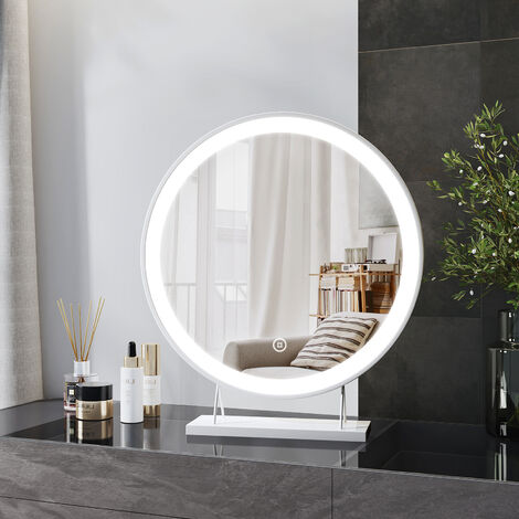 Heilmetz Espejo Maquillaje con luz, diámetro 48 cm, Blanco Redondo LED Espejo de Mesa, con Interruptor táctil, 3 Colores de luz, Regulable