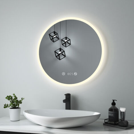 Heilmetz Espejo Redondo de Baño Antivaho Interruptor Táctil Luz Natural(4300k) Brillo ajustable Diámetro:60 cm Espejo Baño LED con Relojes