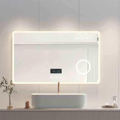 Heilmetz Espejos de Baño con Luz con 3X Lupa, Bluetooth y Antivaho Espejo Baño con Relojes, 3 Luz de Color Brillo Ajustable 100x60cm