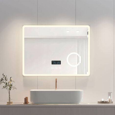 Heilmetz Espejos de Baño con Luz con 3X Lupa, Bluetooth y Antivaho Espejo Baño con Relojes, 3 Luz de Color Brillo Ajustable 80x60cm