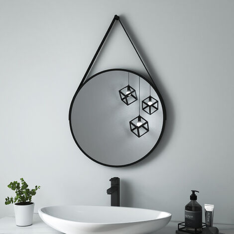 Heilmetz Espejos de Baño Redondo Espejo de pared ф50cm con correa negra ajustable Espejo Retro