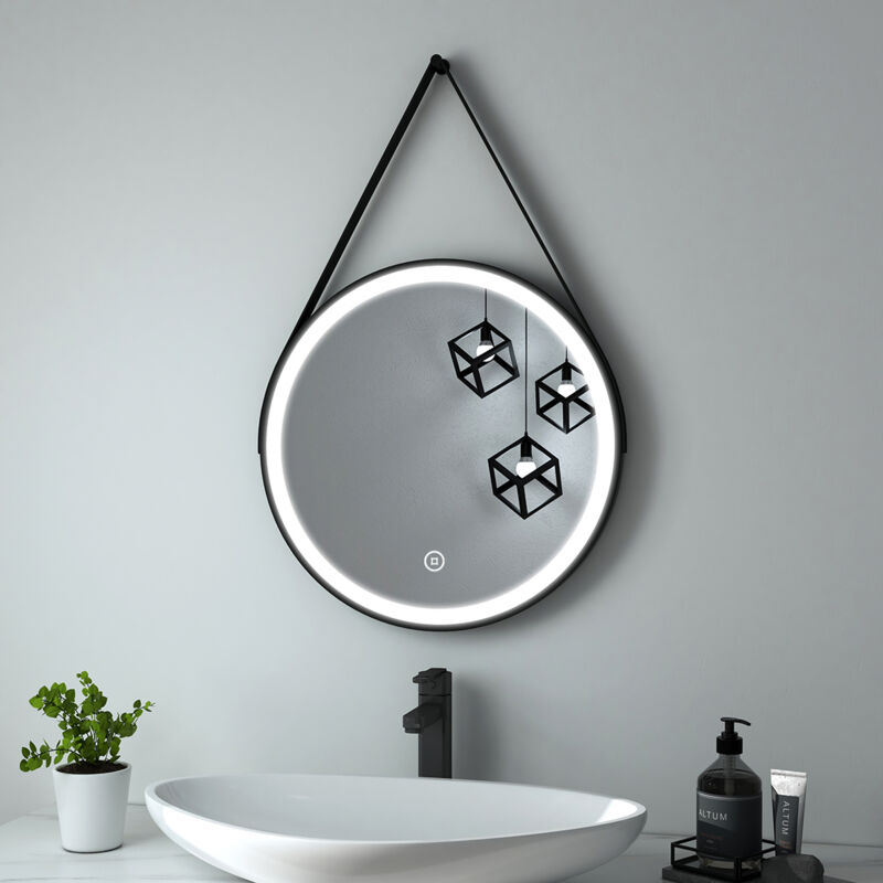 Led Miroir de salle de bain rond cadre noir avec bandoulière réglable Interrupteur tactile - Diamètre 50cm Lumière Blanche Froide - Heilmetz