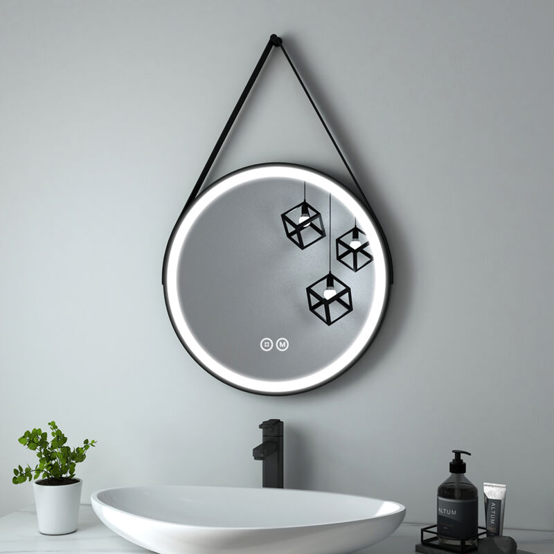 Heilmetz - led Miroir de salle de bain rond cadre noir avec bandoulière réglable Interrupteur tactile - Diamètre 50cm Lumière Blanche