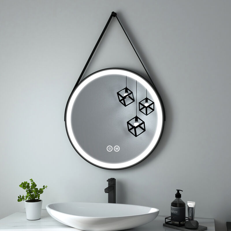 Heilmetz - led Miroir de salle de bain rond cadre noir avec bandoulière réglable Interrupteur tactile - Diamètre 60cm Lumière Blanche