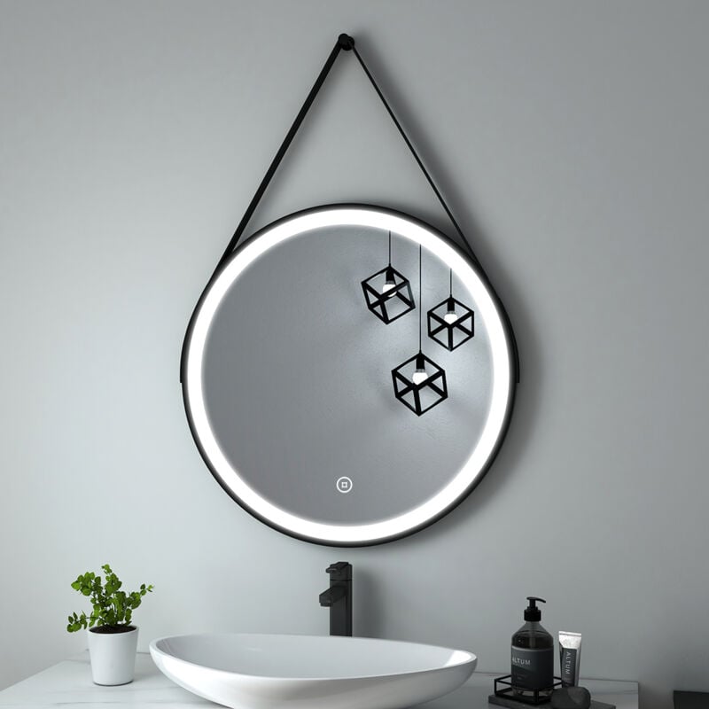Heilmetz - led Miroir de salle de bain rond cadre noir avec bandoulière réglable Interrupteur tactile - Diamètre 70cm Lumière Blanche Froide
