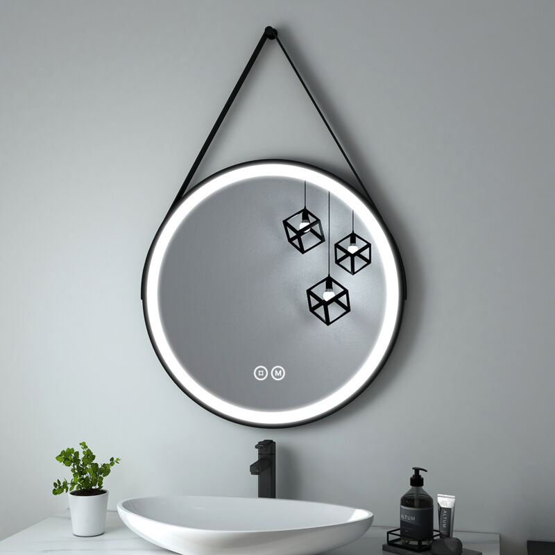 Heilmetz - led Miroir de salle de bain rond cadre noir avec bandoulière réglable Interrupteur tactile - Diamètre 70cm Lumière Blanche