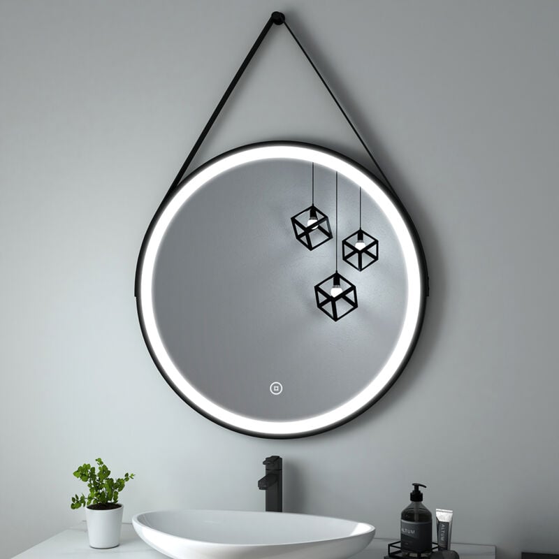 Led Miroir de salle de bain rond cadre noir avec bandoulière réglable Interrupteur tactile - Diamètre 80cm Lumière Blanche Froide - Heilmetz