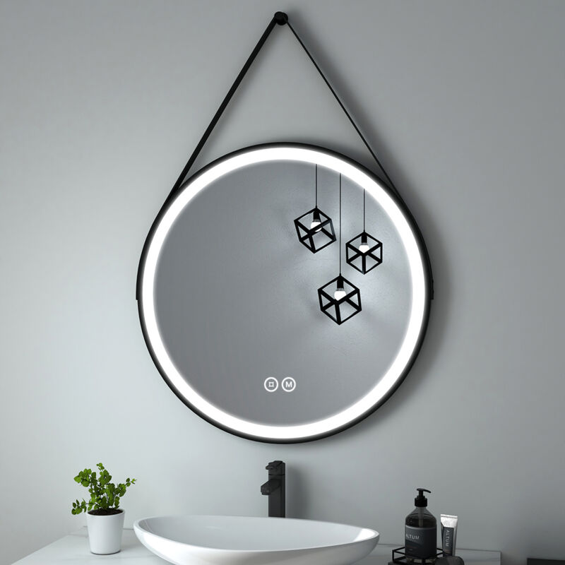 Heilmetz - led Miroir de salle de bain rond cadre noir avec bandoulière réglable Interrupteur tactile - Diamètre 80cm Lumière Blanche