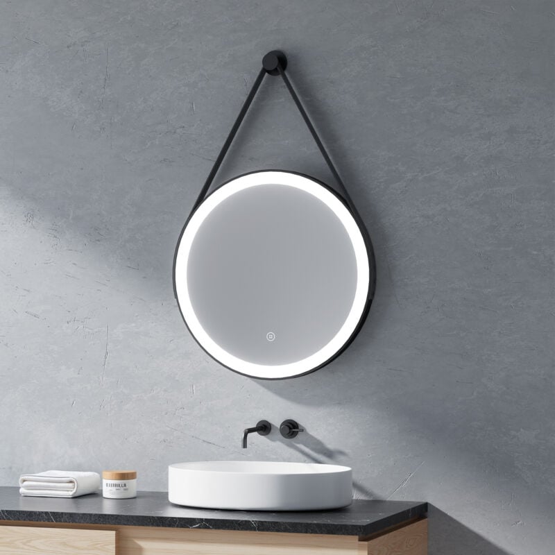 Heilmetz - led Miroir Salle de Bain Rond ф50cm, Miroir de salle de bain rond avec noir réglable sangle avec Lumière blanche froide et Interrupteur