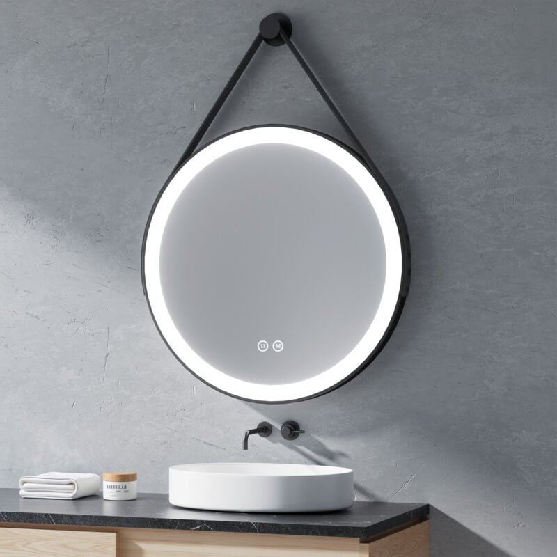 Heilmetz - led Miroir Salle de Bain Rond ф80cm, Miroir de salle de bain rond avec noir réglable sangle avec 3 Couleurs de lumière à intensité