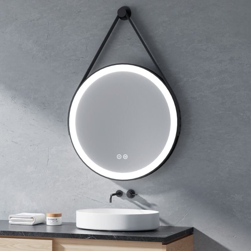 Heilmetz - led Miroir Salle de Bain Rond ф70cm, Miroir de salle de bain rond avec noir réglable sangle avec 3 Couleurs de lumière à intensité
