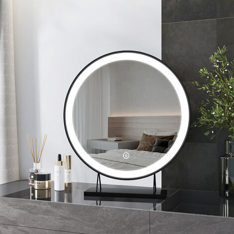 Heilmetz Makeup Mirror Hollywood Mirror 530x480x100mm, LED Dimmable 3 Colours Lighting, Round Table Mirror-Black