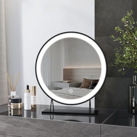 Heilmetz Makeup Mirror Hollywood Mirror LED Round 459x400x100mm, Dimmable 3 Colours Lighting, Table Mirror-Black