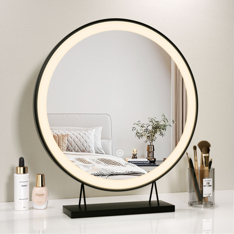 Heilmetz Miroir de Maquillage Illuminé Rond Noir, Miroir de Beauté à LED diamètre 48cm Interrupteur Tactile, Intensité Variable Lumière Blanche