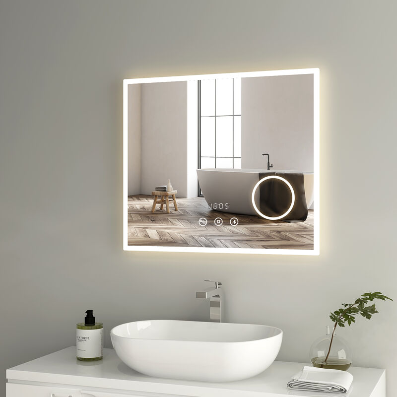 Miroir de salle de bain avec éclairage Miroir de salle de bain led 75x65cm Interrupteur Tactile, Anti-buée, Loupe 3X, Bluetooth Lumière Blanche