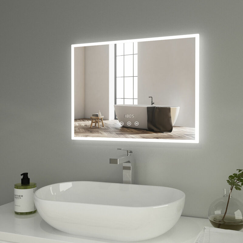 Heilmetz - Miroir de salle de bain avec éclairage Miroir de salle de bain led 80x60cm Interrupteur Tactile, Anti-buée, Horloge Lumière Blanche