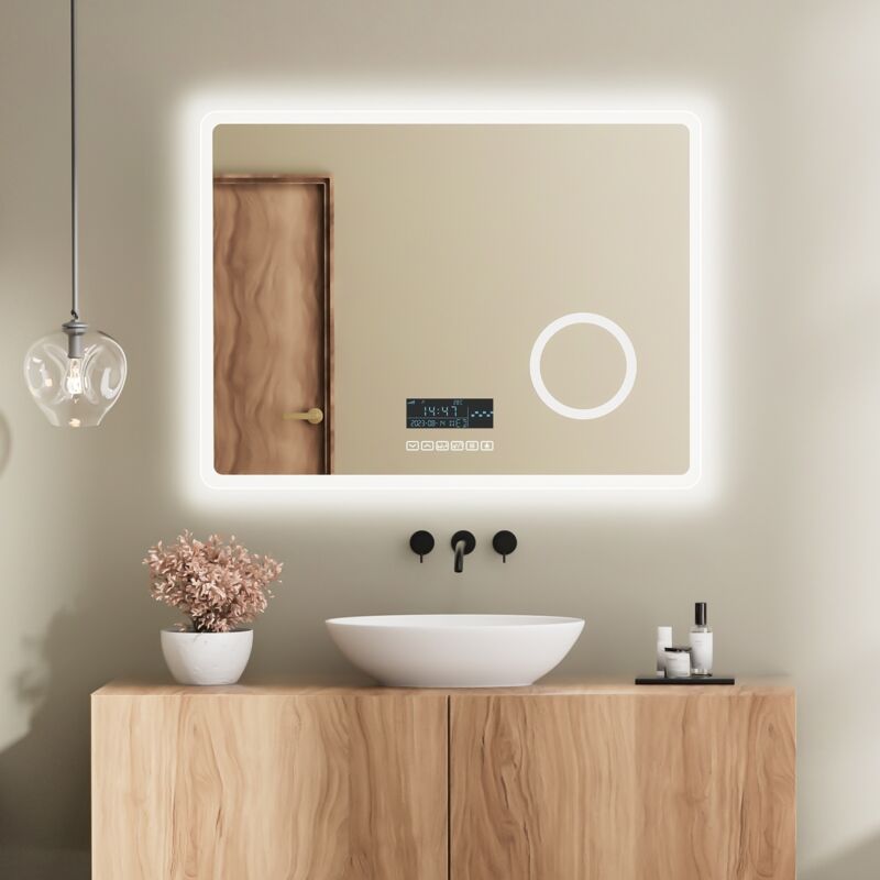 Heilmetz - Miroir de salle de bain avec éclairage Miroir de salle de bain led 80x60cm Interrupteur Tactile, Anti-buée, Loupe 3X, Bluetooth Lumière
