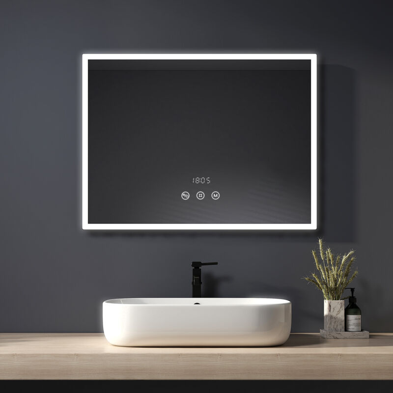 Heilmetz - Miroir de Salle de Bain Multifonction, 80 x 60 cm, Miroir Lumineux de Salle de Bain avec Interrupteur Tactile + Anti-buée + Horloge +
