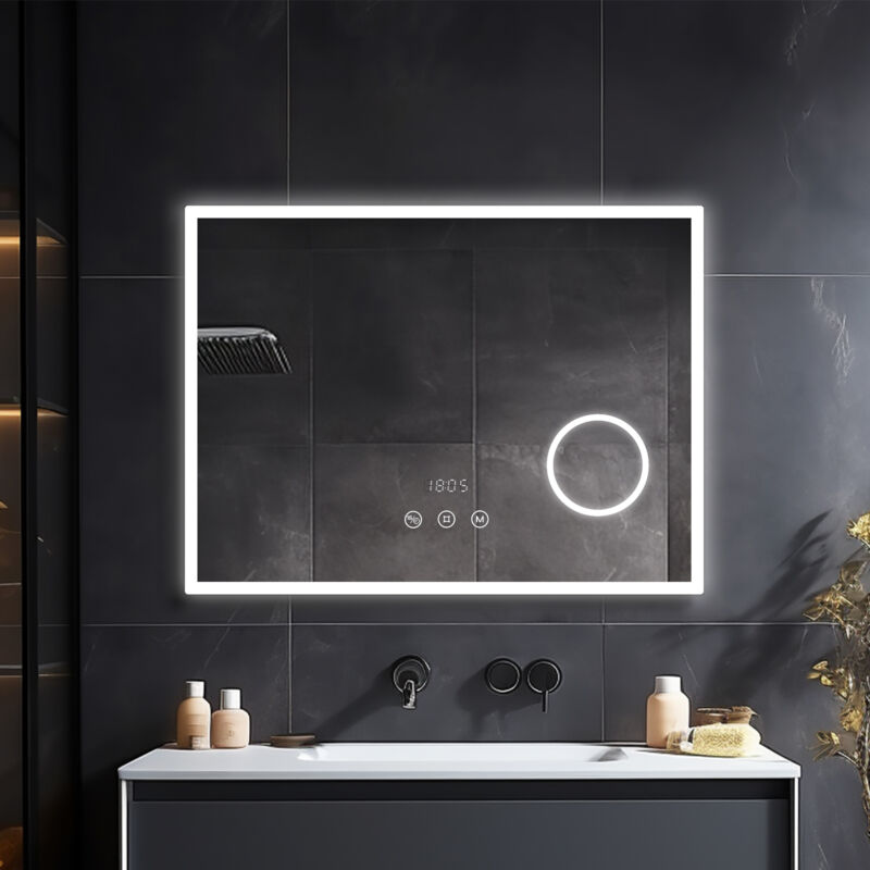 Heilmetz - Miroir Lumineux de Salle de Bain Multifonction Miroir led 80x60cm avec Anti-buée+Horloge+Loupe 3X+Interrupteur Tactile
