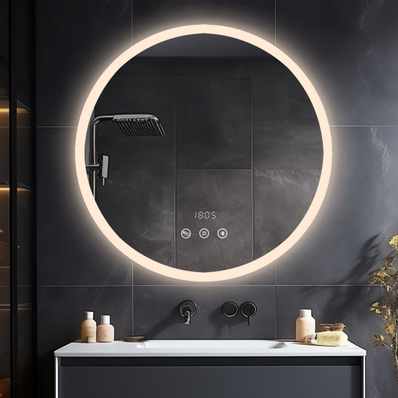 Miroir led Rond Salle de Bain 80 cm avec Éclairage Tactile Dimmable, Anti-buée, Horloge et Température – IP65, Économie d'Énergie - Heilmetz