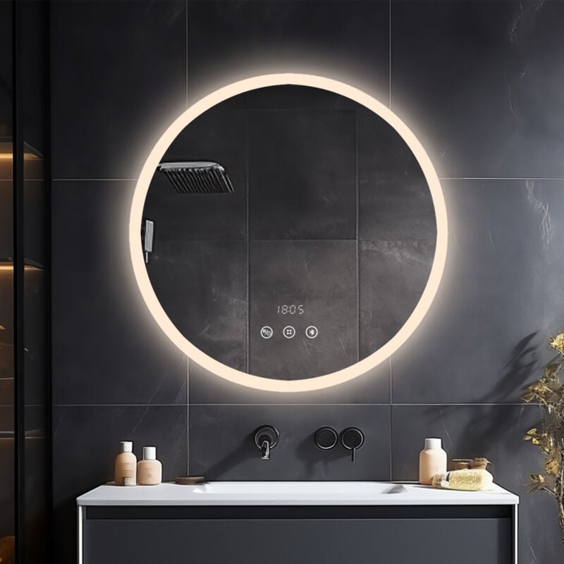 Miroir led Rond Salle de Bain 70 cm avec Éclairage Tactile Dimmable, Anti-buée, Horloge et Température – IP65, Économie d'Énergie - Heilmetz