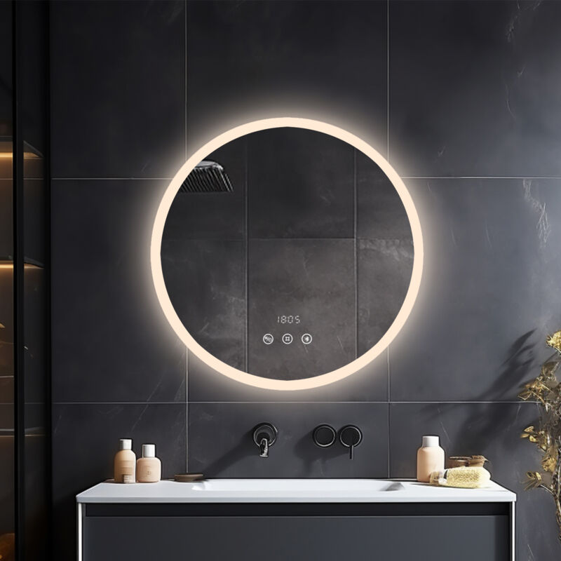 Miroir led Rond Salle de Bain 60 cm avec Éclairage Tactile Dimmable, Anti-buée, Horloge et Température – IP65, Économie d'Énergie - Heilmetz