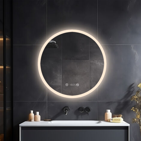 Heilmetz Miroir de salle de bain rond avec éclairage Miroir de salle de bain LED Diamètre 60cm Interrupteur Tactile, Anti-buée, Horloge Lumière Blanche Neutre