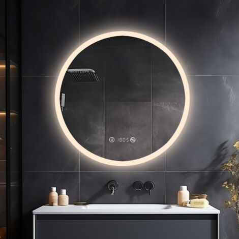 Heilmetz Miroir de salle de bain rond avec éclairage Miroir de salle de bain LED Diamètre 70cm Interrupteur Tactile, Anti-buée, Horloge Lumière Blanche Neutre