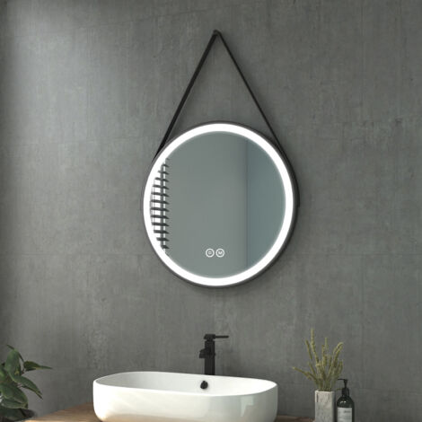 Heilmetz Miroir de salle de Bain rond LED Monture Noire et Bandoulière Réglable avec Interrupteur Tactile et 3 Couleurs Lumière Ø60 cm