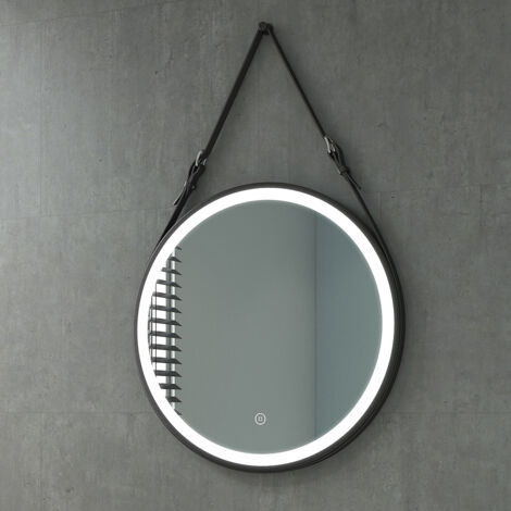 Heilmetz Miroir de salle de Bain rond LED Monture Noire et Bandoulière Réglable avec Interrupteur Tactile et Lumière Blanche Froide Ø60 cm