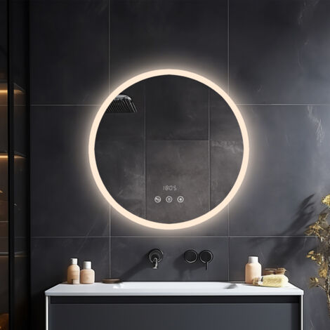 Heilmetz Miroir LED Rond Salle de Bain 60 cm avec Éclairage Tactile Dimmable, Anti-buée, Horloge et Température – IP65, Économie d’Énergie