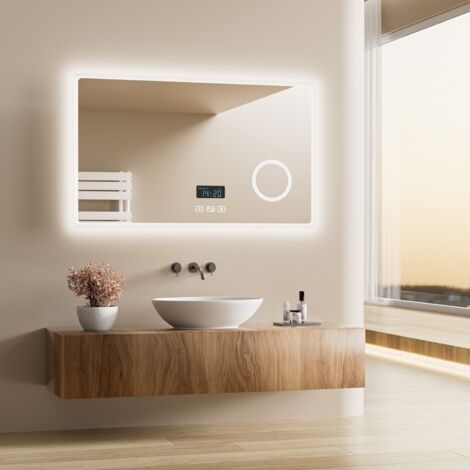 Heilmetz – Miroir lumineux de salle de bain 100x60cm – Éclairage LED tricolore – Interrupteur tactile – Anti-buée – Bluetooth 4.1 – Loupe 3x intégrée