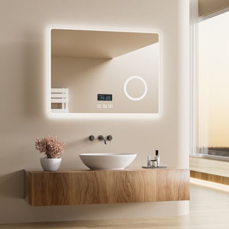 Heilmetz – Miroir lumineux de salle de bain 80x60cm – Éclairage LED tricolore – Antibuée automatique – Bluetooth 4.1 – Loupe 3x intégrée