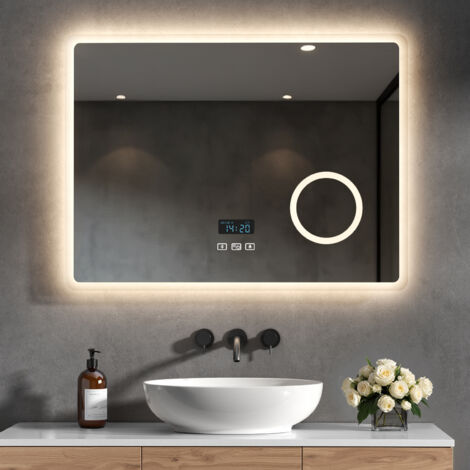 Heilmetz – Miroir lumineux de salle de bain 80x60cm – Éclairage LED avec interrupteur tactile – Anti-buée, horloge, Bluetooth, loupe 3x – 3 couleurs de lumière