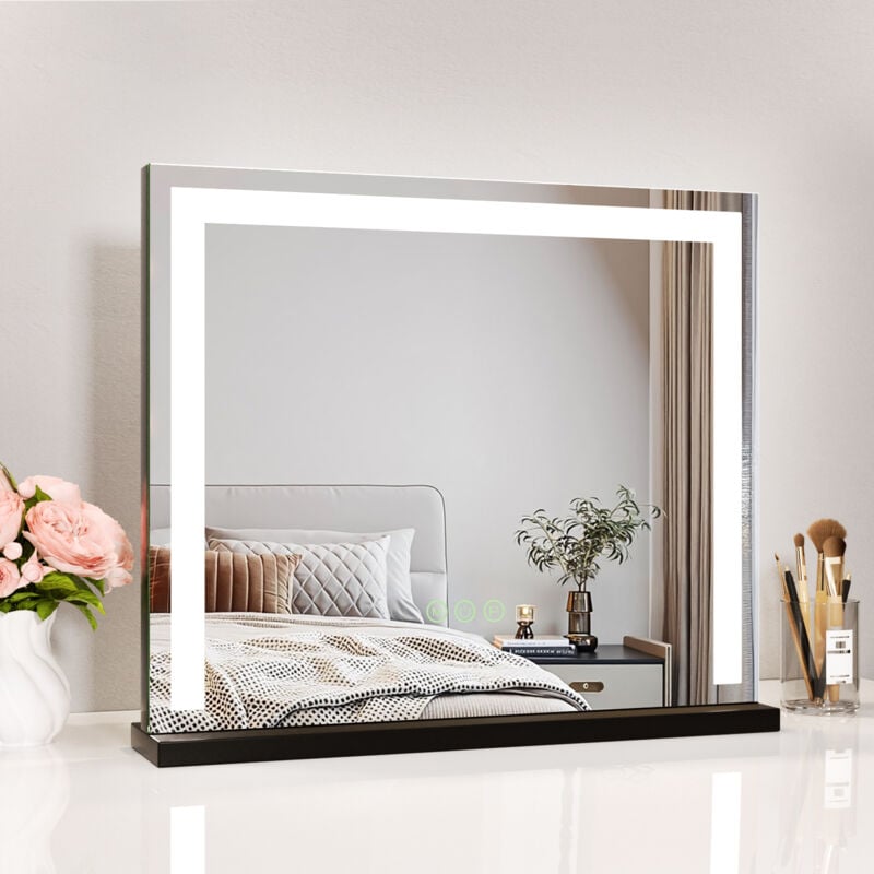 Miroir Maquillage Lumineux 60x52cm Table Miroir Lumineux 3 Couleurs Dimmable Noir Base en Métal avec Interrupteur Tactile - Heilmetz