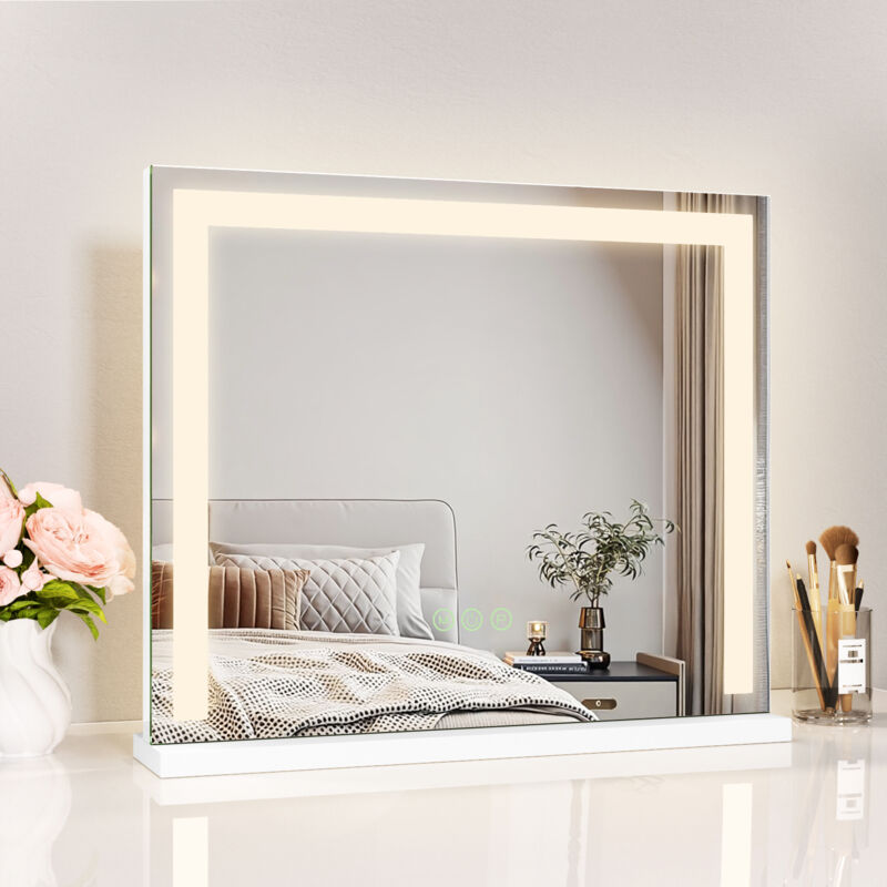 Miroir Maquillage Lumineux 60x52cm Table Miroir Lumineux 3 Couleurs Dimmable Blanc Base en Métal avec Interrupteur Tactile - Heilmetz