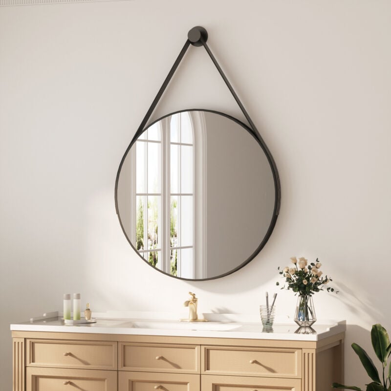 Heilmetz - Miroir Mural Noir Design Moderne – Bandoulière Réglable 60cm pour Salle de Bain, Dressing & Entrée