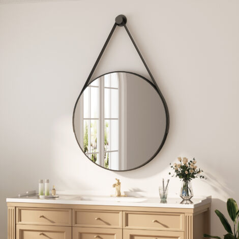 Heilmetz – Miroir mural rond noir 50cm – Sangle réglable 1,4m – 2 trous de suspension – Film antidéflagrant pour sécurité