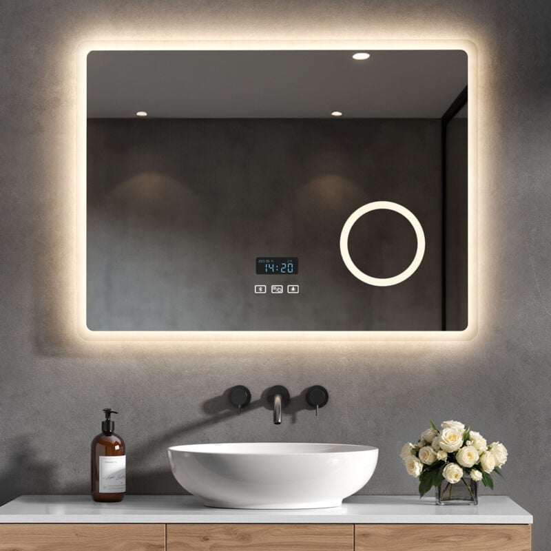 Miroir Salle de Bain 80 x 60 cm, Miroir Salle de Bain led avec Interrupteur Tactile et Anti-buée et Horloge et Bluetooth et Loupe 3X et 3 Couleurs de
