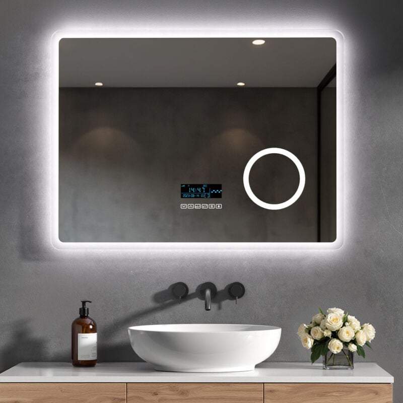 Heilmetz - Miroir Salle de Bain 80 x 60 cm, Miroir Salle de Bain led avec Interrupteur Tactile et Anti-buée et Horloge et Bluetooth et Loupe 3X
