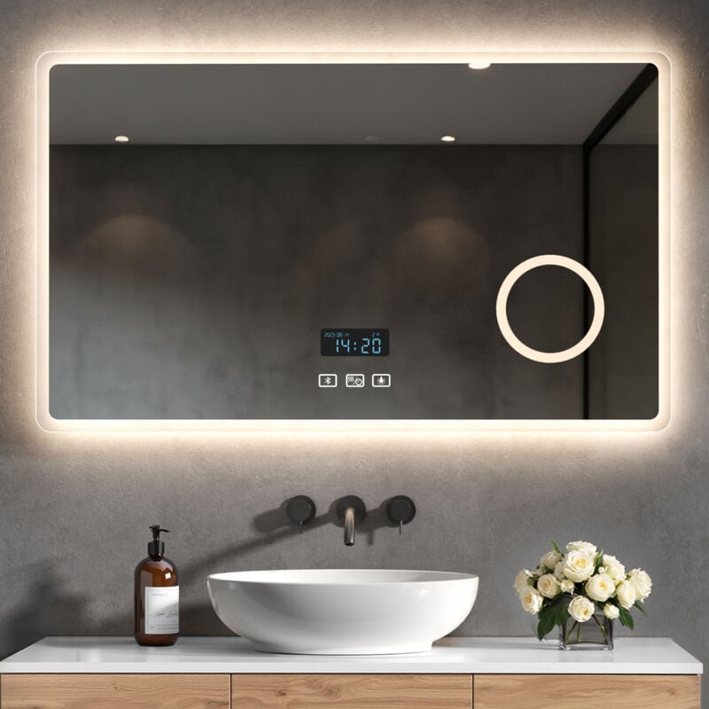 Heilmetz - Miroir Salle de Bain 100 x 60 cm, Miroir Salle de Bain led avec Interrupteur Tactile et Anti-buée et Horloge et Bluetooth et Loupe 3X et 3