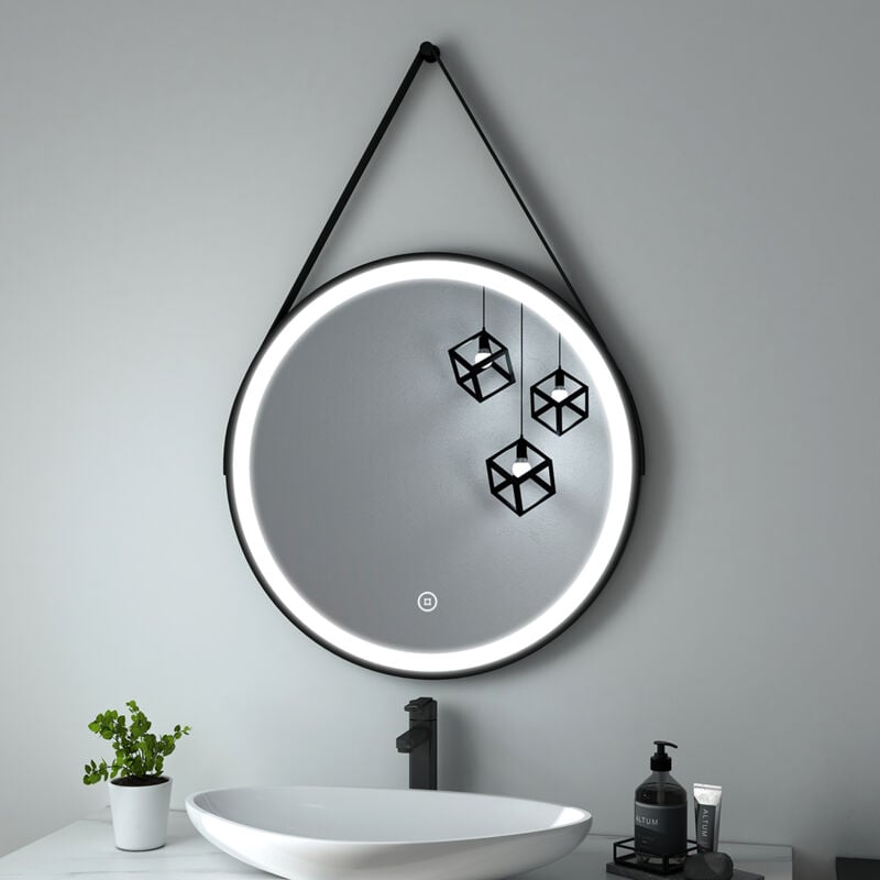 Heilmetz - Miroir Salle de Bain Rond led 60 cm Diamètre, Miroir Salle de Bain avec Interrupteur Tactile, Monture Noire et Bandoulière réglable